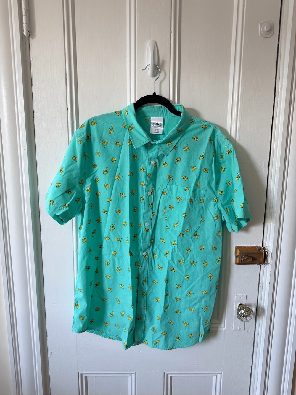 Pokemon Mint Green Short-Sleeve Button-Down Shirt with Yellow Print